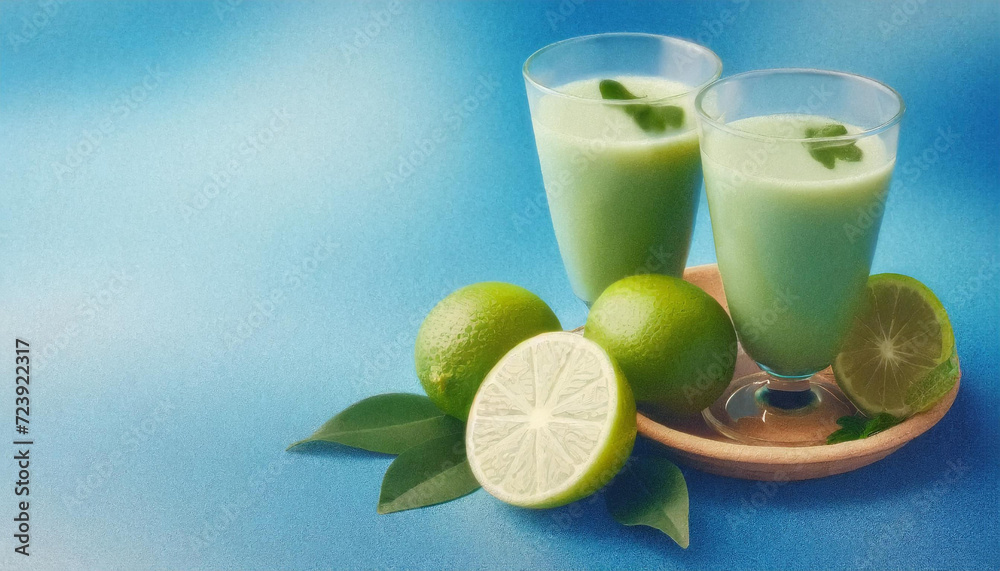 Fototapeta premium Neutral healthy background with two glasses of smoothie for design. Template for text