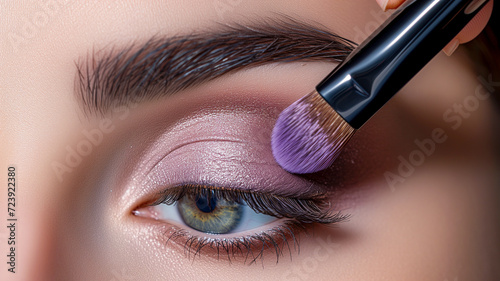 Woman applying eye shadow with makeup brush. Makeup for a young beautiful girl.  Close up photo
