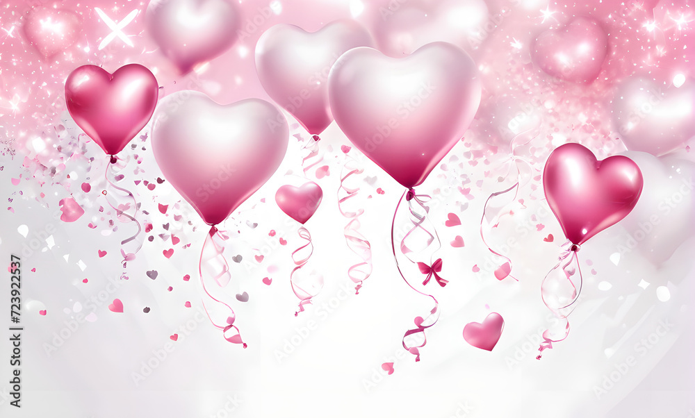 Valentine's Day, red pink balloons white background, festive balloons heart sign, romantic holiday background, Valentine's Day holiday, anniversary, birthday, white pink background, volumetric