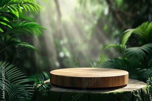 Wooden podium in tropical forest for product