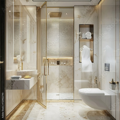 Small, luxurious bathroom with intricate marble tile accents on walls and floors.