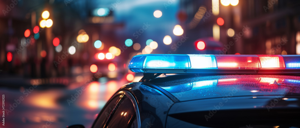 The glowing sirens of a police car on a bustling city street at night, signaling urgency and law enforcement presence The glowing sirens of a police car on a bustling city street at night, signaling urgency and law enforcement presence