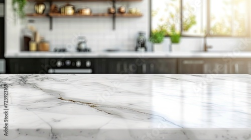 White marble texture table top on blurred kitchen background for montage or display your products commercial shoot  