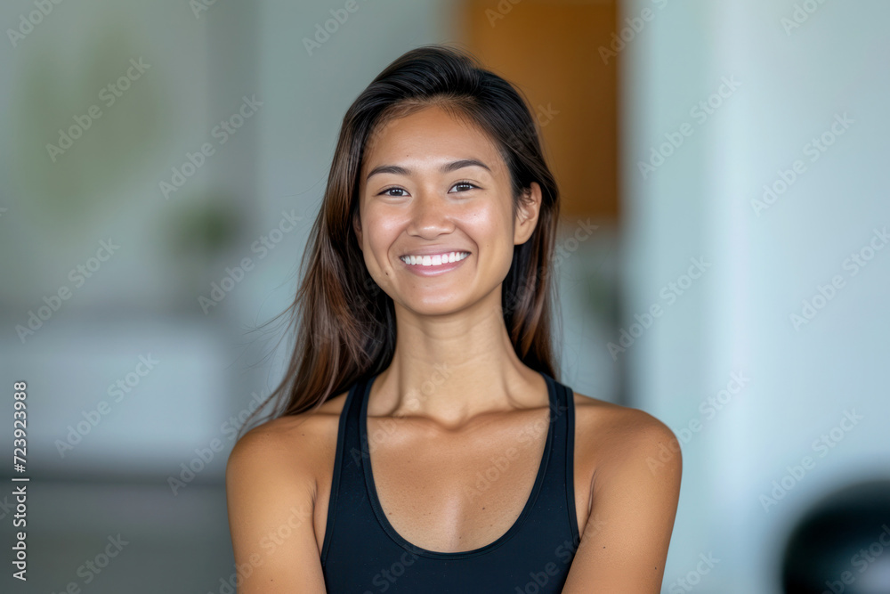 smiling happy thai female yoga instructor in a fitness studio smiling happy thai female yoga instructor in a fitness studio
