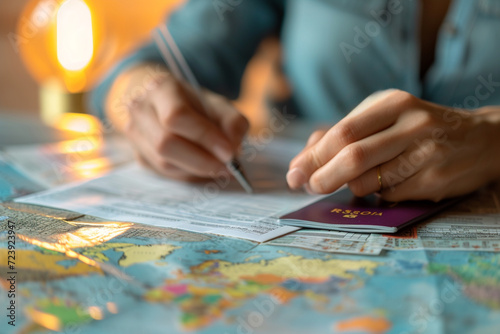 A close-up of hands holding a passport and filling out a visa application form, with travel brochures and a world map in the background  photo