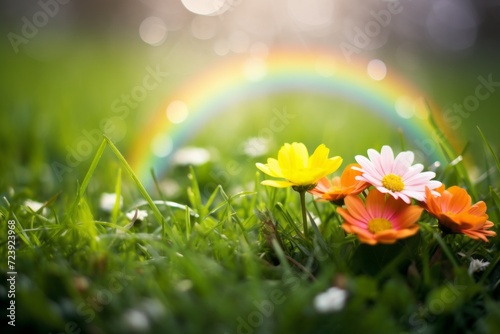 Rainbow over a green field with spring flowers, wallpaper background photo