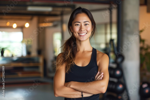 smiling thai young woman trainer in a yoga studio photo