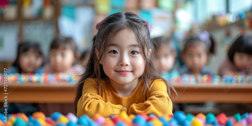 In a lovely preschool classroom, a cute Asian toddler girl enjoys an educational lesson. In a lovely preschool classroom, a cute Asian toddler girl enjoys an educational lesson.