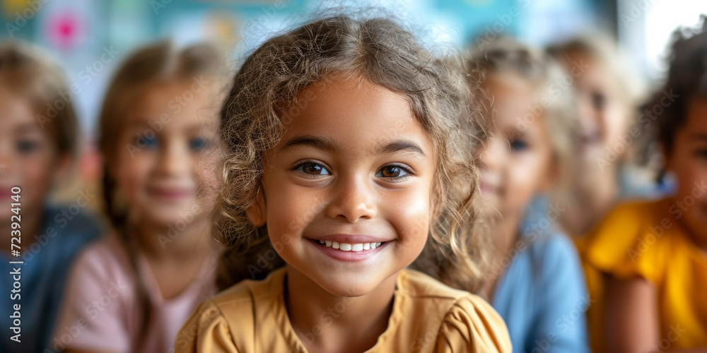 A cheerful, positive girl enjoys learning in a diverse and interactive elementary school classroom.