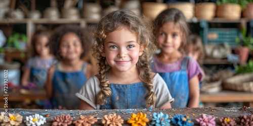 Adorable elementary girls in aprons excitedly create clay flowers in a cheerful classroom together.