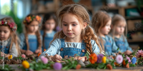 A focused kindergarten girl creates a pretty flower wreath, showcasing her artistic talent.