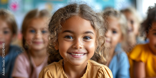 A cheerful, positive girl enjoys learning in a diverse and interactive elementary school classroom.