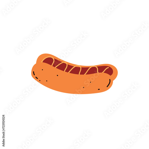 Hot dog sandwich with sausage, bun, ketchup and mustard, unhealthy fat fast food vector flat isolated illustration