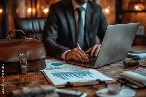 A business professional compiling documents for a work visa, with a briefcase, business papers, and a laptop on the desk