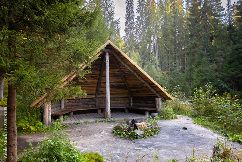 Wooden house in the forest. Wooden hut  camping