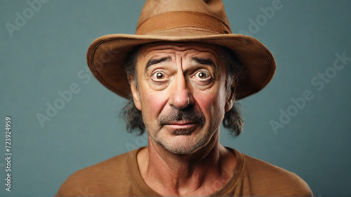 Retro style close up portrait of middle aged goofy man with brown hat and brown shirt photo