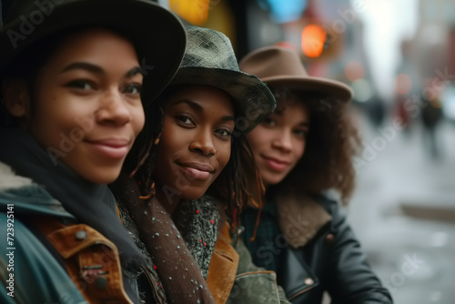 Side view of smiling beautiful hipster woman in outerwear standing with friends on the street. African American girlfriends chilling outdoors, friendly lifestyle