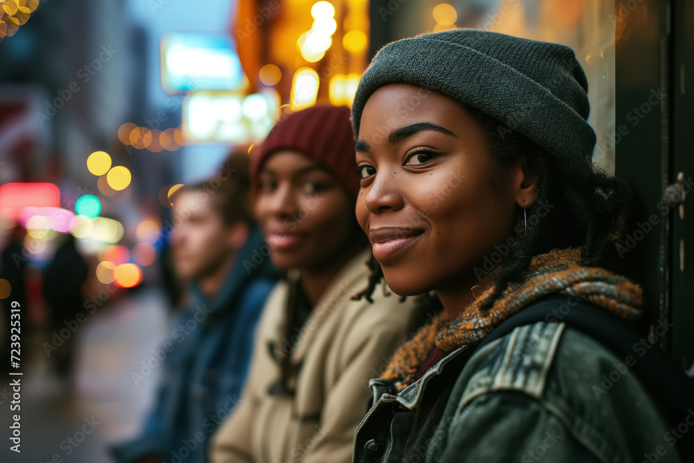 African American girlfriends chilling on a city street, friendly lifestyle. Portrait of a smiling beautiful young hipster woman in outerwear standing with friends near the wall