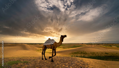  Camel having Pakistani traditional art in desert 