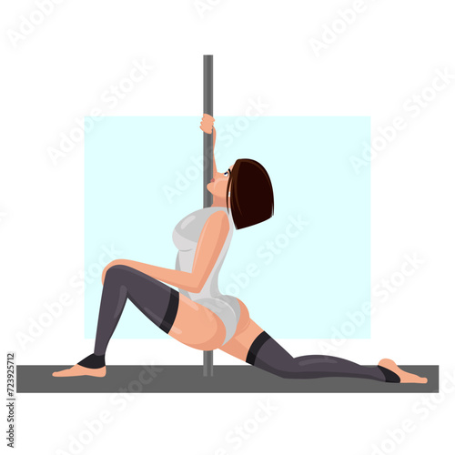 Illustration of a girl dancing on a pole. Pole Dance. Strip plastic. A slender beautiful brunette dances on a pole. Beautiful girl. Dancing.