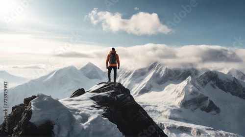 Hiker standing on the top of icy peak and looking at majestic view of wild unapproachable mountain range under snow. Adventure in nature concept.