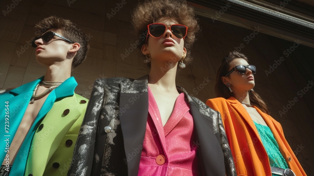 A stylish representation of the 90's high fashion with oversized blazers, minimalist dresses, and sleek sunglasses, reflecting the glamorous side of the decade. 8K A stylish representation of the 90's high fashion with oversized blazers, minimalist dresses, and sleek sunglasses, reflecting the glamorous side of the decade. 8K