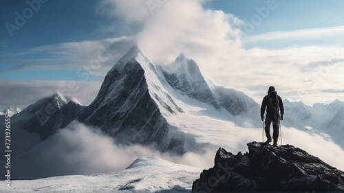 Hiker standing on the top of icy peak and looking at majestic view of wild unapproachable mountain range under snow. Adventure in nature concept. photo