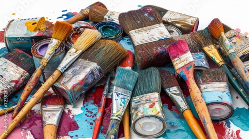 A variety of paintbrushes and paint cans are arranged on a white surface.