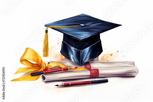 Graduation hat and diploma on a white isolated background, watercolor illustration. 