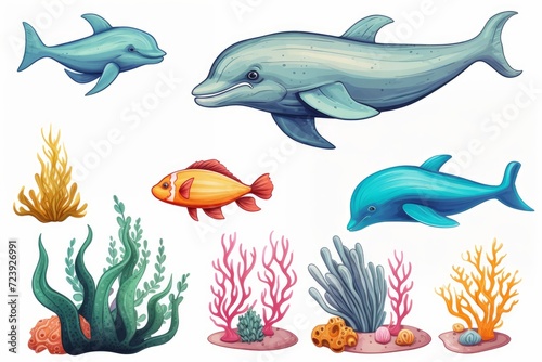 Dolphin  corals  marine plants and fish  marine underwater life on a white isolated background  illustration.