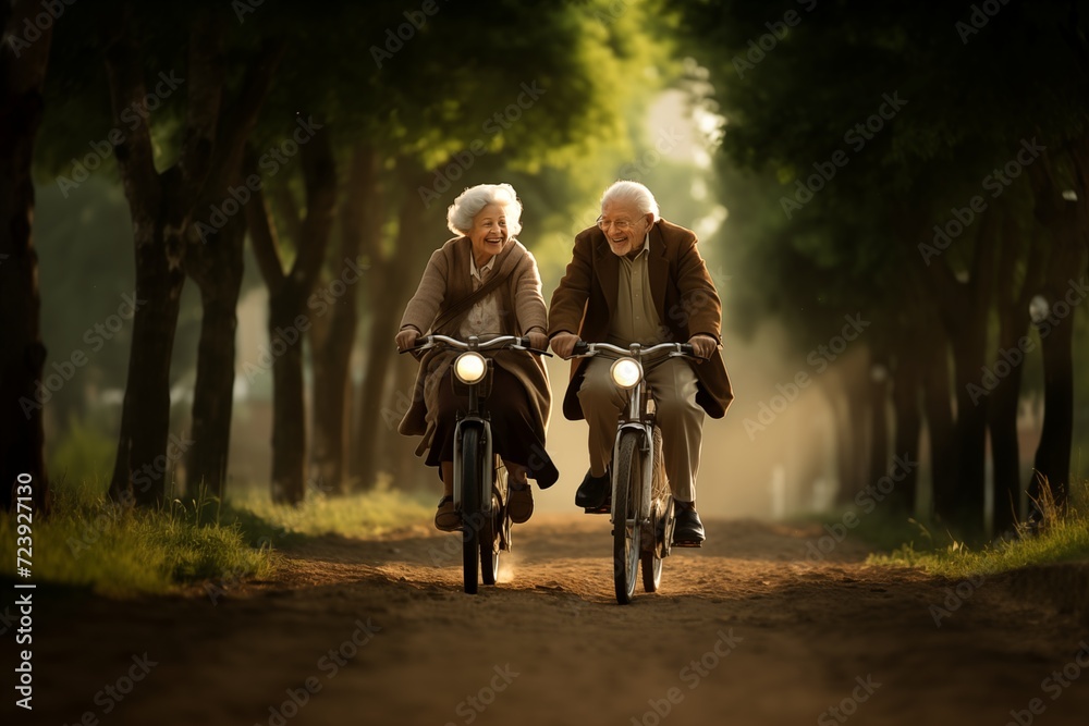 Obraz premium A romantic elderly couple riding a bike. Happy old age together.