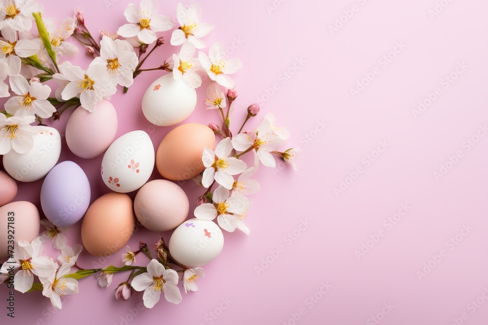 Pastel easter eggs on soft pink background with floral surroundings, top view, text space