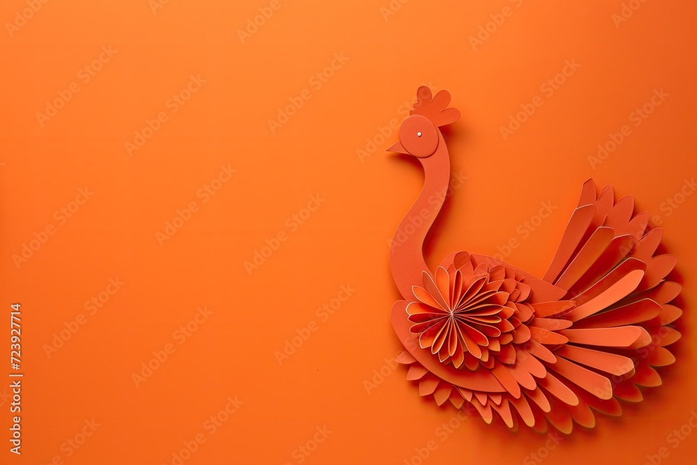 Obraz premium paper cut card turkey laying flat on a background with copy space Thanksgiving Concept with Turkey Bird