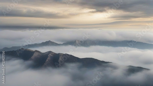 Mountain peaks covered in heavy fog 