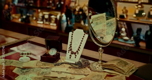 inside antique shop with jewelry, money and pocket watch of 19 century, closeup, 4K, Prores