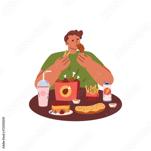 Man eating fast food, cartoon style vector illustration isolated on white