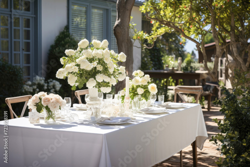 Chairs and a round table for wedding guests for a banquet, served with cutlery, white flowers and dishes and covered with a tablecloth