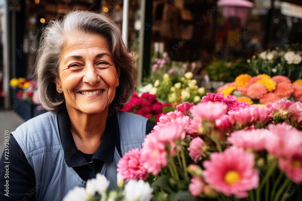 Portrait of mature woman selling flowers on local flower market