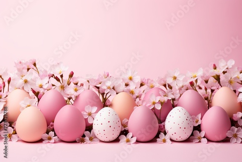 Pastel easter eggs with flowers on soft pink background - top view, empty space for text