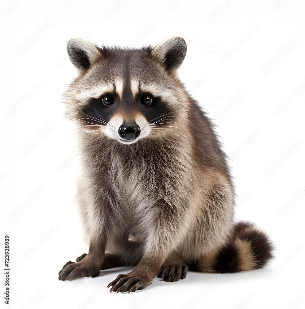 Young Raccoon standing in front and facing at the camera isolated on white