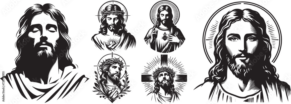 Collection of portraits of Jesus Christ the savior, ornate religious vector graphics without color - obrazy, fototapety, plakaty 