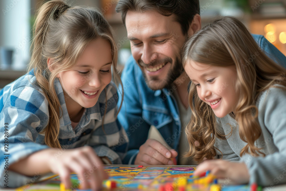 Family weekend entertainment play game sitting at a table.Stay at home family game concept.