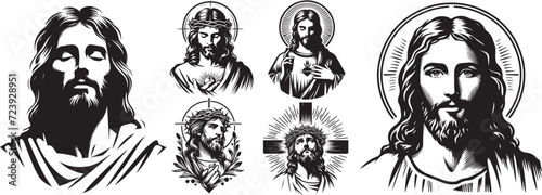 Collection of portraits of Jesus Christ the savior, ornate religious vector graphics without color photo