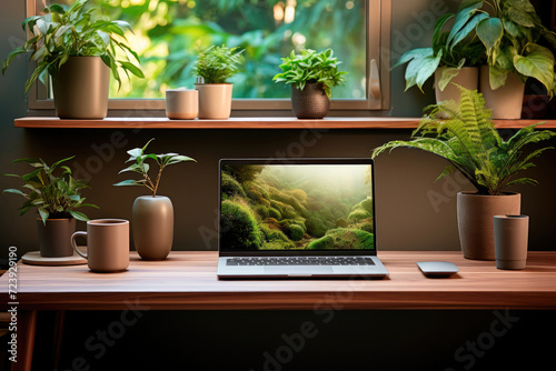 Laptop computer on table in home background