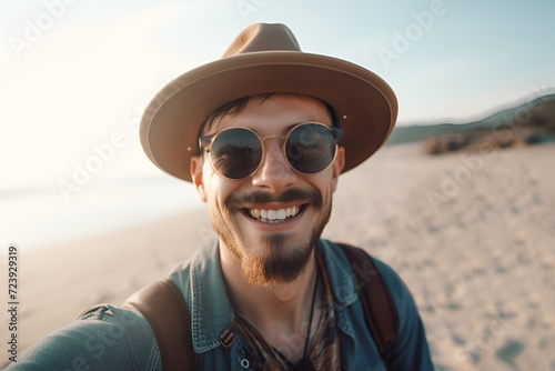Happy man with hat and sunglasses taking selfie picture with smartphone at the beach - Cheerful traveler having fun outside - Handsome guy smiling at camera.