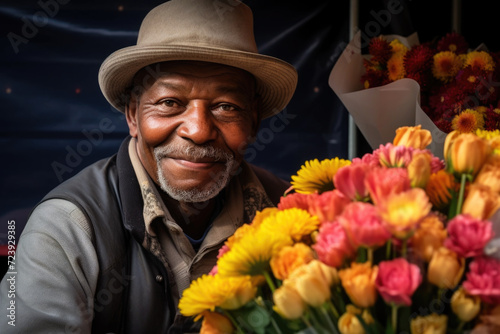 Portrait of mature African american man selling flowers on local flower market © pilipphoto