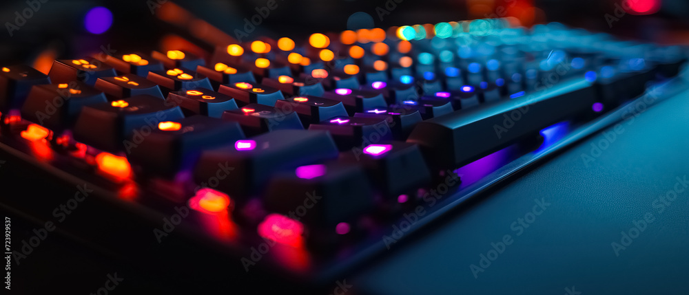 Computer keyboard RGB colorful light Gaming gear, background wallpaper, night neon light, gaming room, Game content illustrations