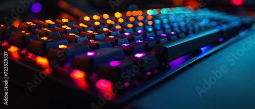 Computer keyboard RGB colorful light Gaming gear, background wallpaper, night neon light, gaming room, Game content illustrations