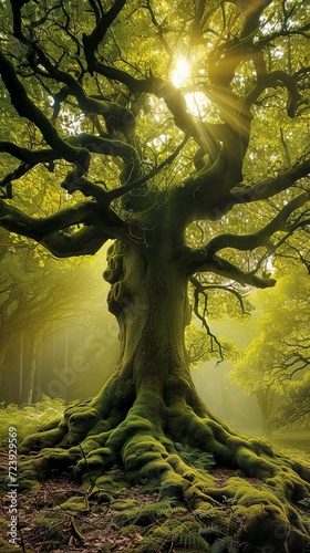  an ancient, sprawling forest with towering oak trees