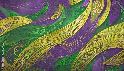 Background with feathers in green and purple